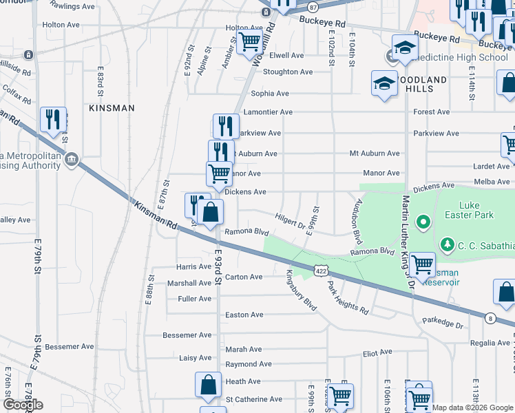 map of restaurants, bars, coffee shops, grocery stores, and more near 9417 Hilgert Drive in Cleveland