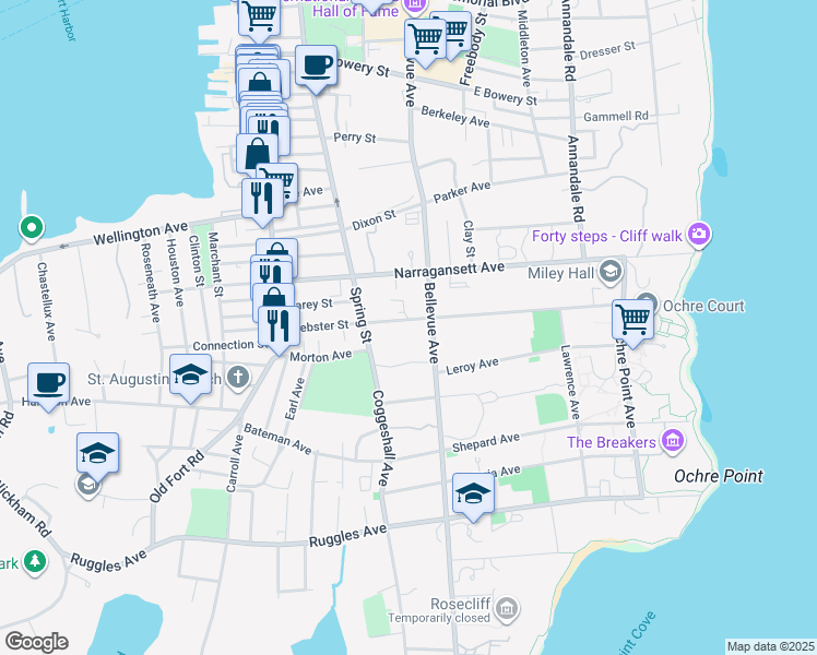 map of restaurants, bars, coffee shops, grocery stores, and more near 443 Bellevue Avenue in Newport