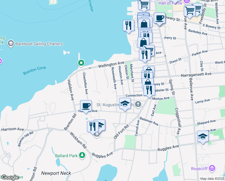 map of restaurants, bars, coffee shops, grocery stores, and more near 6 Conrad Court in Newport