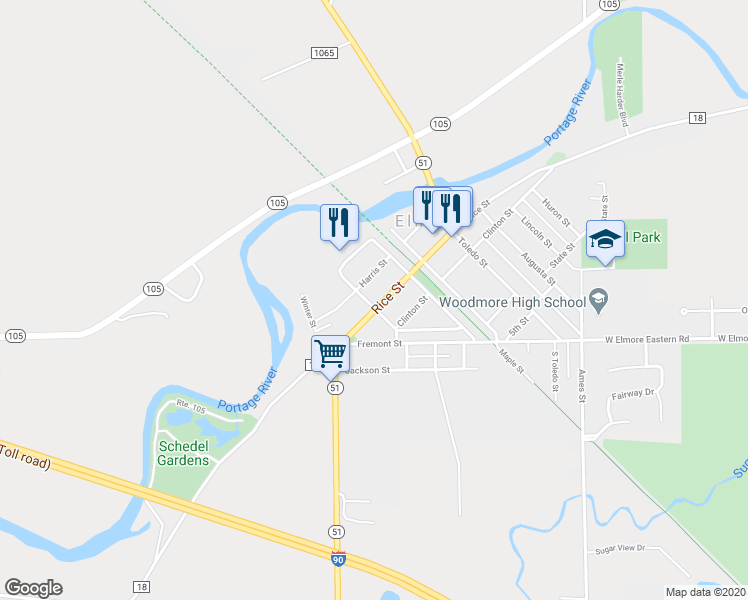 map of restaurants, bars, coffee shops, grocery stores, and more near 253 Rice St in Elmore