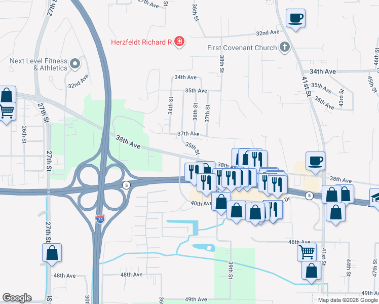 map of restaurants, bars, coffee shops, grocery stores, and more near 3715 35th Street in Moline