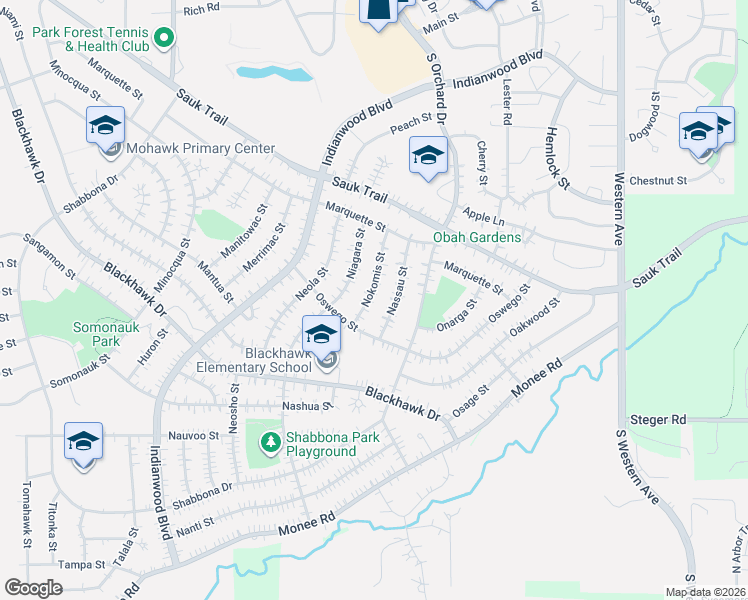 map of restaurants, bars, coffee shops, grocery stores, and more near 335 Nokomis Street in Park Forest