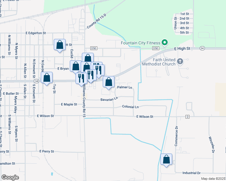 map of restaurants, bars, coffee shops, grocery stores, and more near 105 Palmer Lane in Bryan