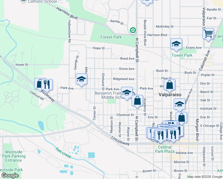 map of restaurants, bars, coffee shops, grocery stores, and more near 701 Park Avenue in Valparaiso