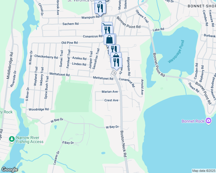 map of restaurants, bars, coffee shops, grocery stores, and more near 20 Orchard Avenue in Narragansett
