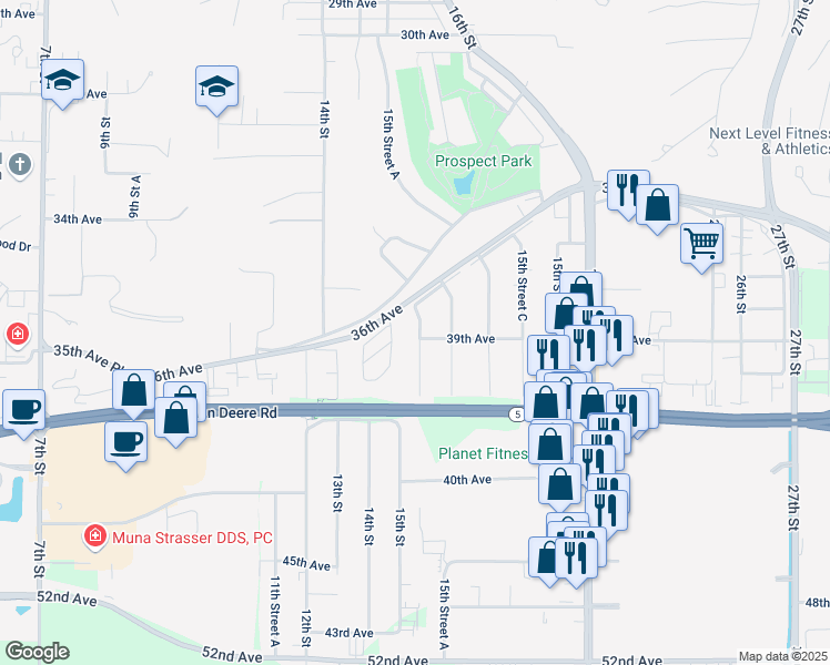 map of restaurants, bars, coffee shops, grocery stores, and more near 1430 36th Avenue in Moline
