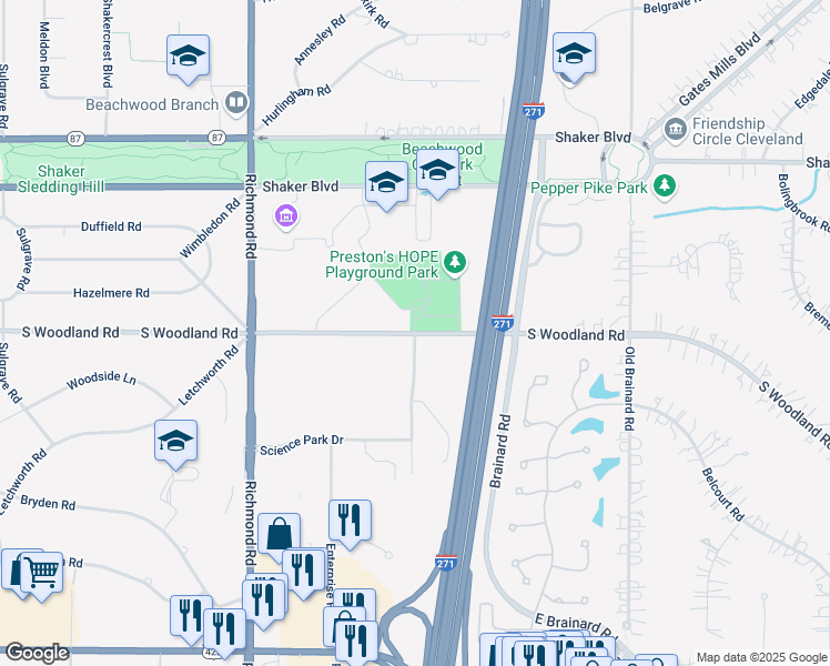 map of restaurants, bars, coffee shops, grocery stores, and more near 26001 South Woodland Road in Beachwood
