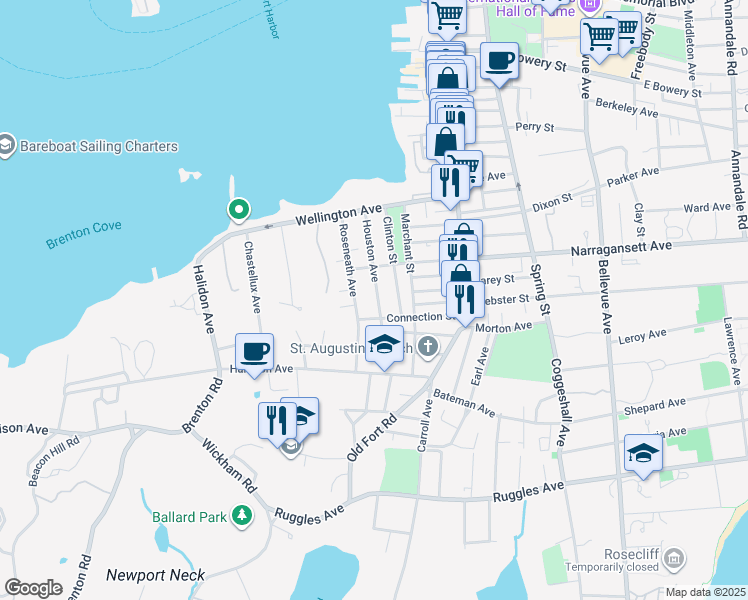 map of restaurants, bars, coffee shops, grocery stores, and more near 81 Houston Ave in Newport