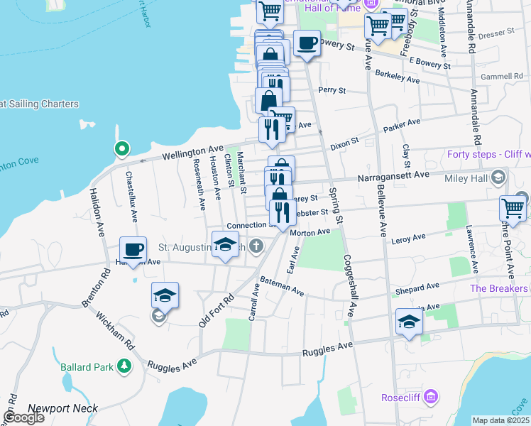 map of restaurants, bars, coffee shops, grocery stores, and more near 11 Lucas Avenue in Newport