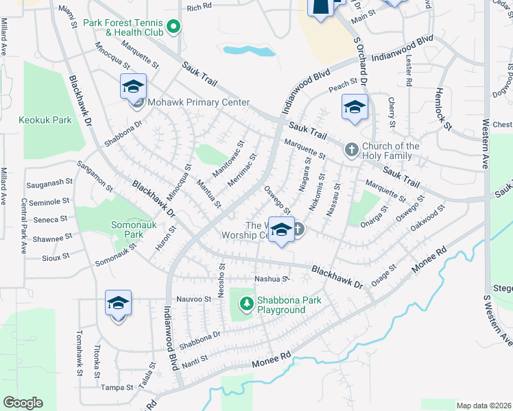 map of restaurants, bars, coffee shops, grocery stores, and more near 348 Neola St in Park Forest