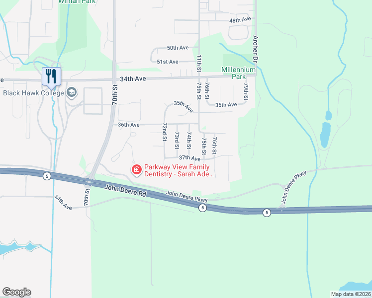map of restaurants, bars, coffee shops, grocery stores, and more near 3623 74th Street in Moline