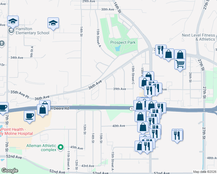 map of restaurants, bars, coffee shops, grocery stores, and more near 1501 39th Avenue in Moline
