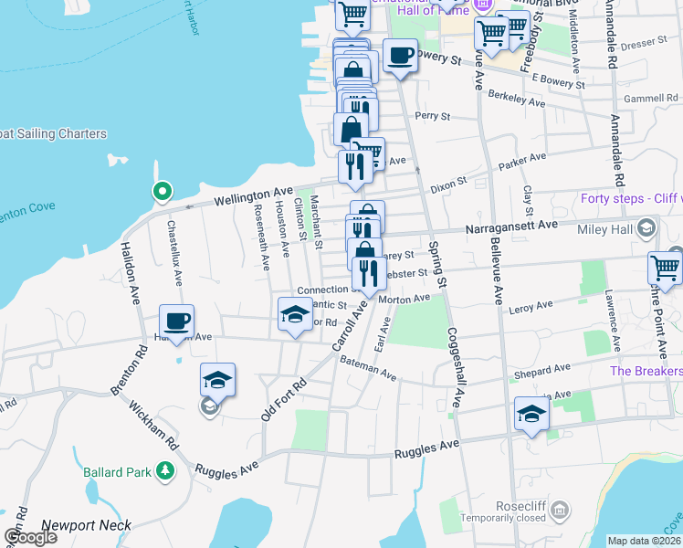 map of restaurants, bars, coffee shops, grocery stores, and more near 6 Lucas Avenue in Newport