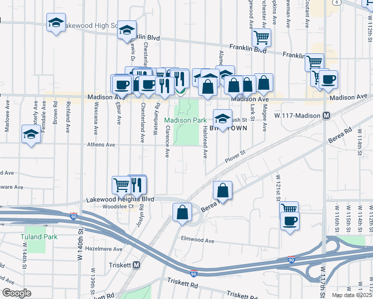 map of restaurants, bars, coffee shops, grocery stores, and more near 13000 Athens Avenue in Lakewood