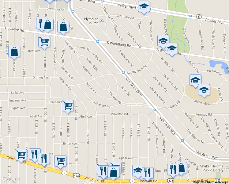 map of restaurants, bars, coffee shops, grocery stores, and more near 3160 Sebor Road in Shaker Heights