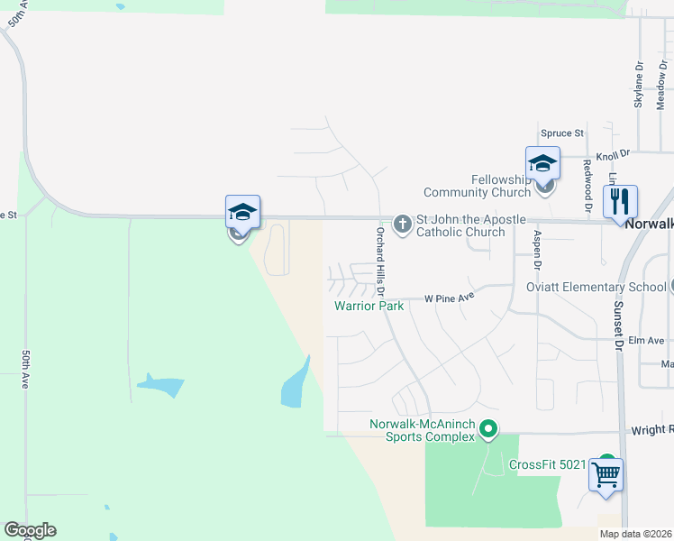 map of restaurants, bars, coffee shops, grocery stores, and more near 601 Orchard Hills Drive in Norwalk