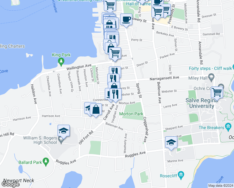 map of restaurants, bars, coffee shops, grocery stores, and more near 9 Webster Street in Newport