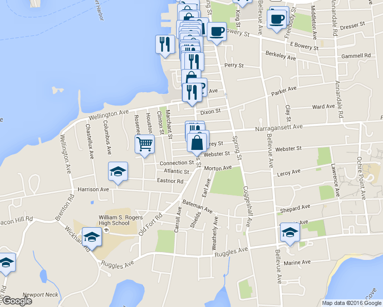 map of restaurants, bars, coffee shops, grocery stores, and more near 6 Lucas Avenue in Newport