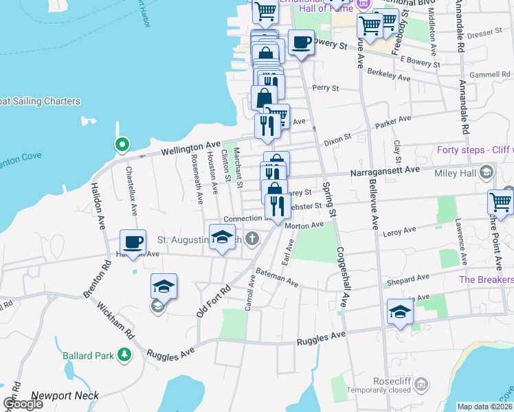 map of restaurants, bars, coffee shops, grocery stores, and more near 6 Lucas Avenue in Newport