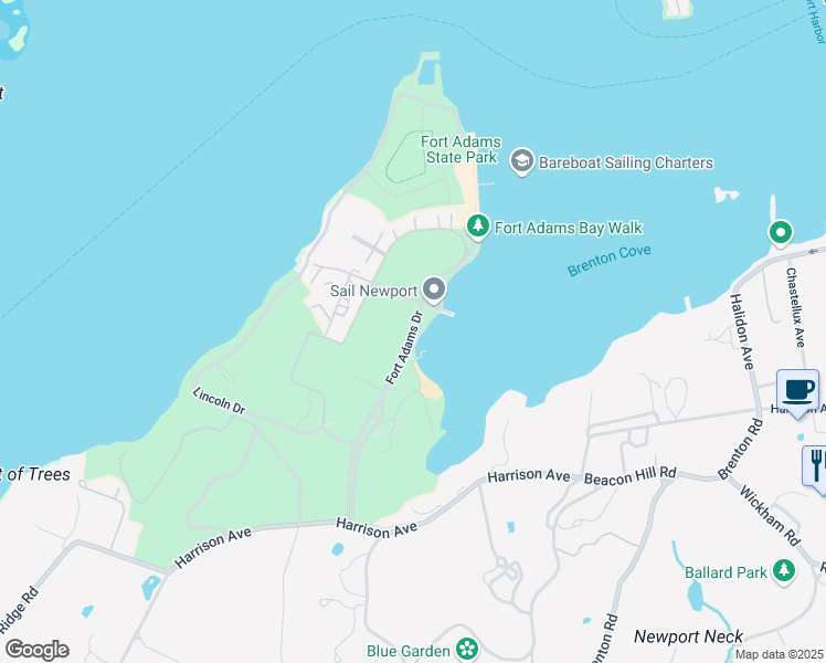 map of restaurants, bars, coffee shops, grocery stores, and more near 4 Fort Adams Drive in Newport