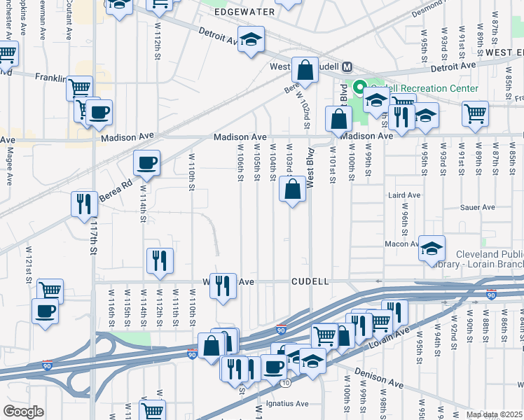 map of restaurants, bars, coffee shops, grocery stores, and more near 2128 West 105th Street in Cleveland