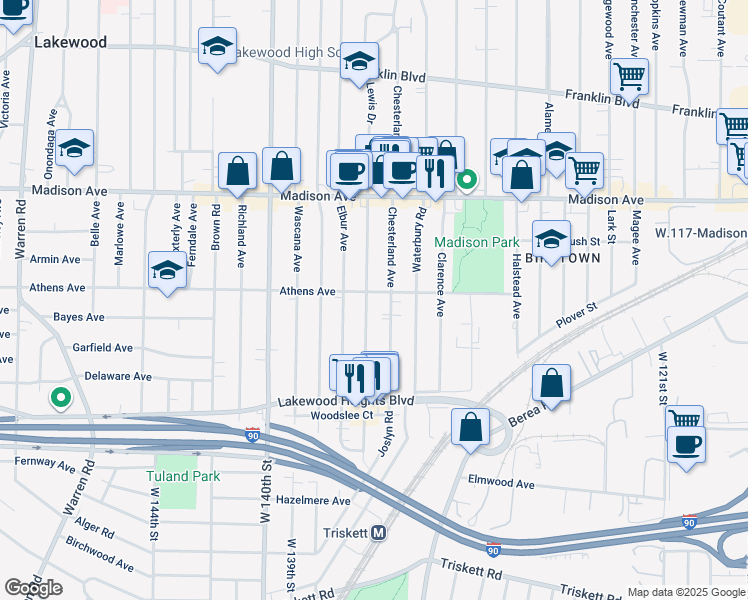 map of restaurants, bars, coffee shops, grocery stores, and more near 2128 Chesterland Avenue in Lakewood