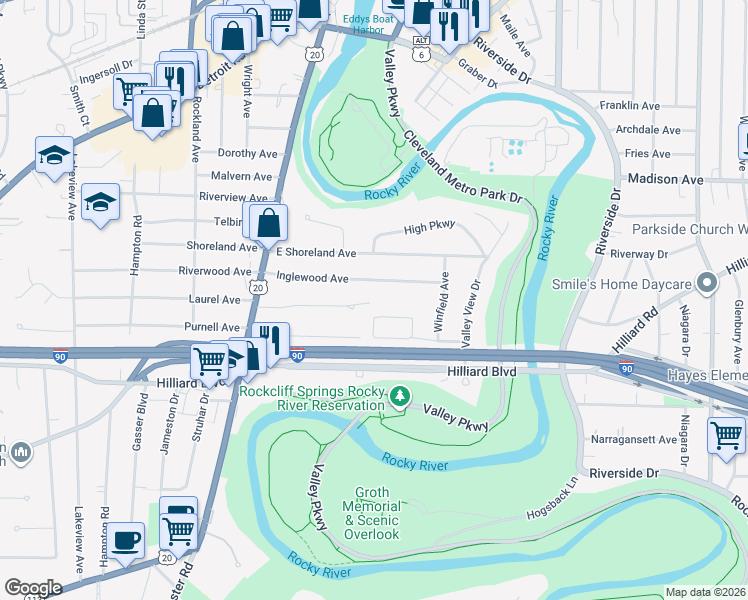 map of restaurants, bars, coffee shops, grocery stores, and more near 18850 Rocky River Oval in Rocky River