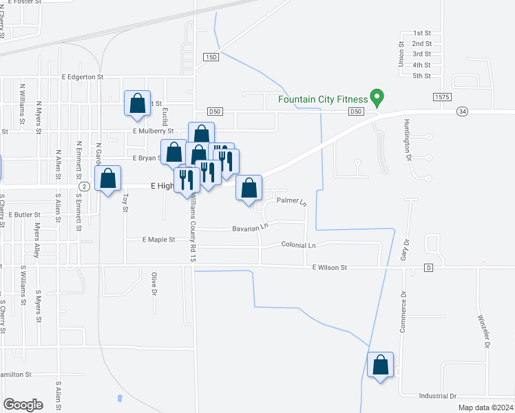 map of restaurants, bars, coffee shops, grocery stores, and more near 105 Palmer Lane in Bryan