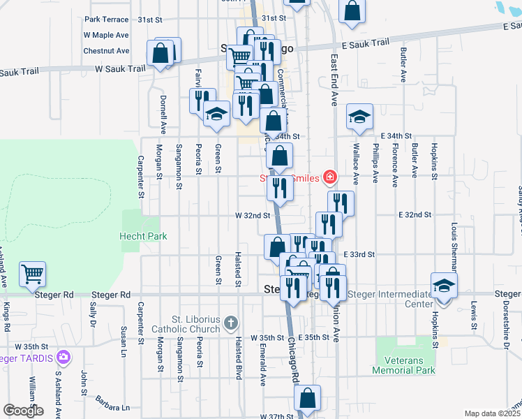 map of restaurants, bars, coffee shops, grocery stores, and more near 17 West 32nd Street in Steger