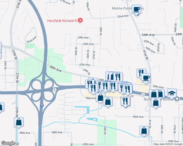 map of restaurants, bars, coffee shops, grocery stores, and more near 3737 38th Avenue in Moline