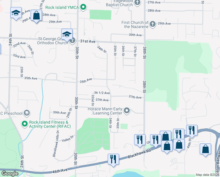 map of restaurants, bars, coffee shops, grocery stores, and more near 3619 1/2 34th Street in Rock Island