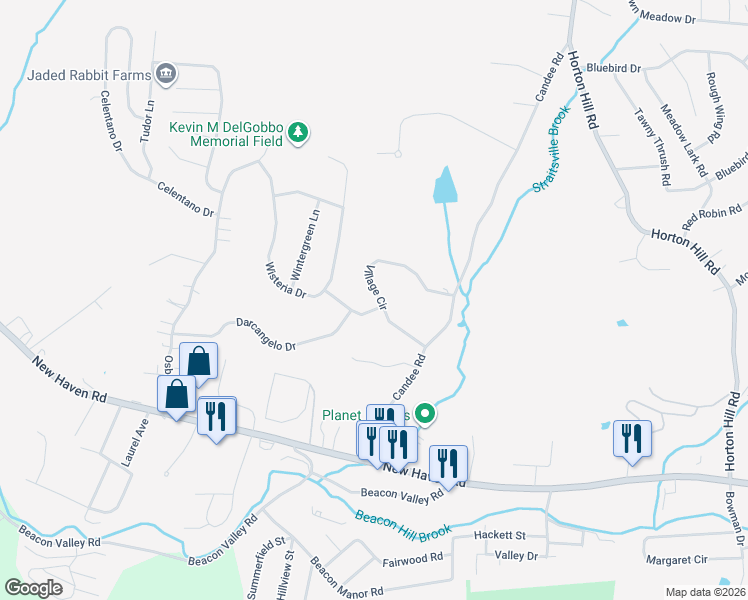 map of restaurants, bars, coffee shops, grocery stores, and more near 40 Village Circle in Naugatuck