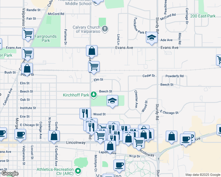 map of restaurants, bars, coffee shops, grocery stores, and more near 603 Orchard Avenue in Valparaiso
