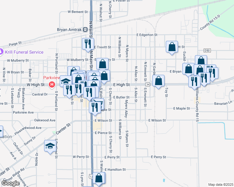 map of restaurants, bars, coffee shops, grocery stores, and more near 301 East Butler Street in Bryan
