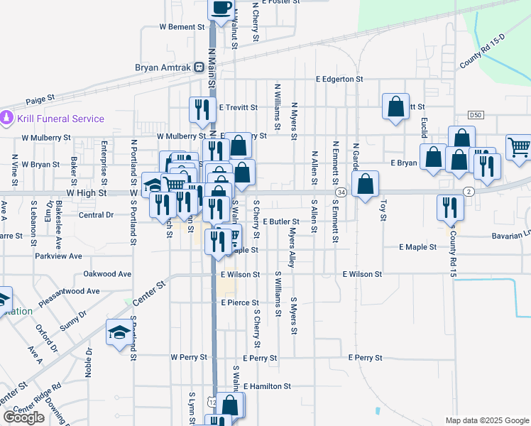 map of restaurants, bars, coffee shops, grocery stores, and more near 301 East Butler Street in Bryan