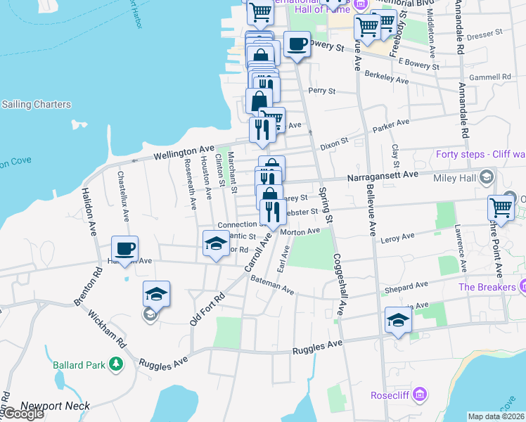 map of restaurants, bars, coffee shops, grocery stores, and more near 5 Lucas Avenue in Newport