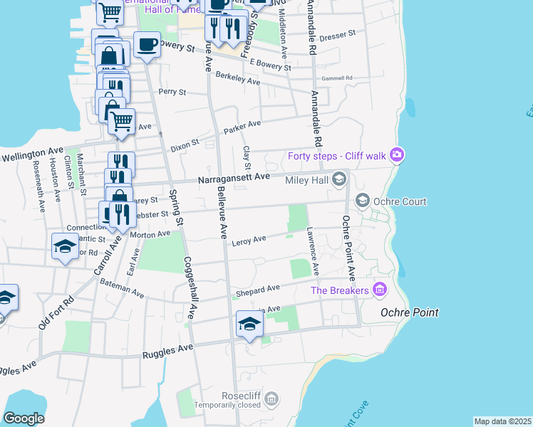 map of restaurants, bars, coffee shops, grocery stores, and more near 117 Webster Street in Newport