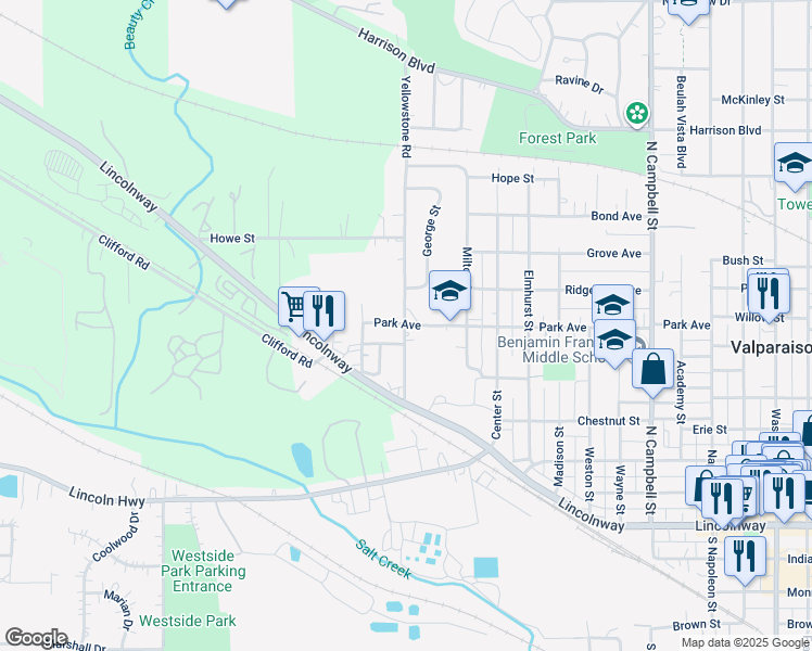 map of restaurants, bars, coffee shops, grocery stores, and more near 1199 Park Ave in Valparaiso