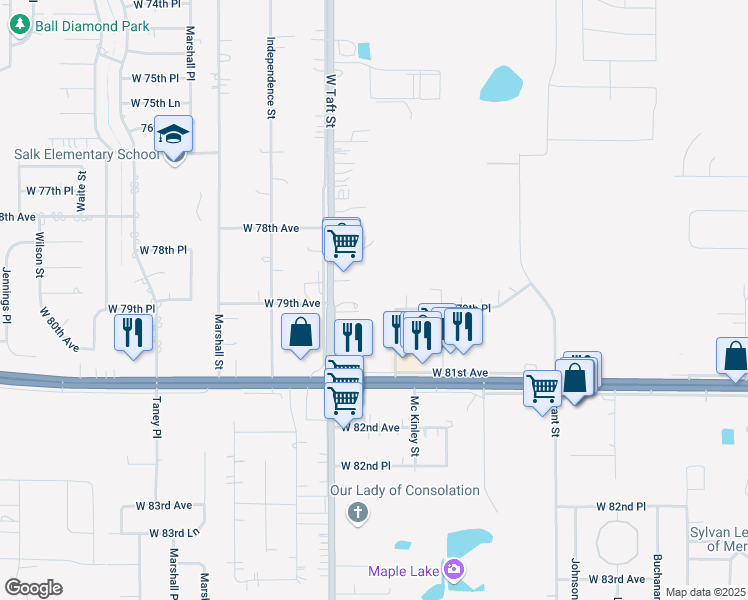map of restaurants, bars, coffee shops, grocery stores, and more near 2080 West 79th Place in Merrillville