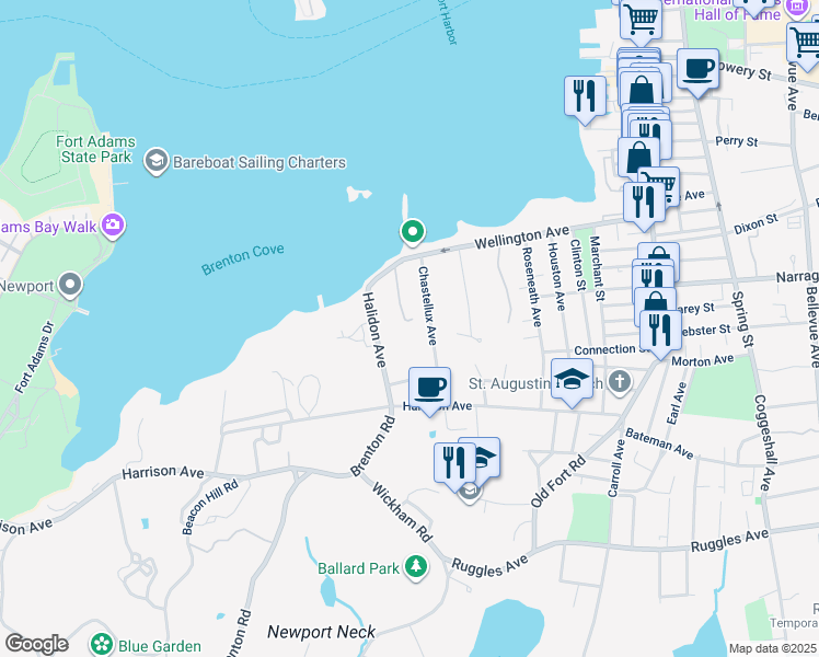 map of restaurants, bars, coffee shops, grocery stores, and more near 27 Chastellux Avenue in Newport