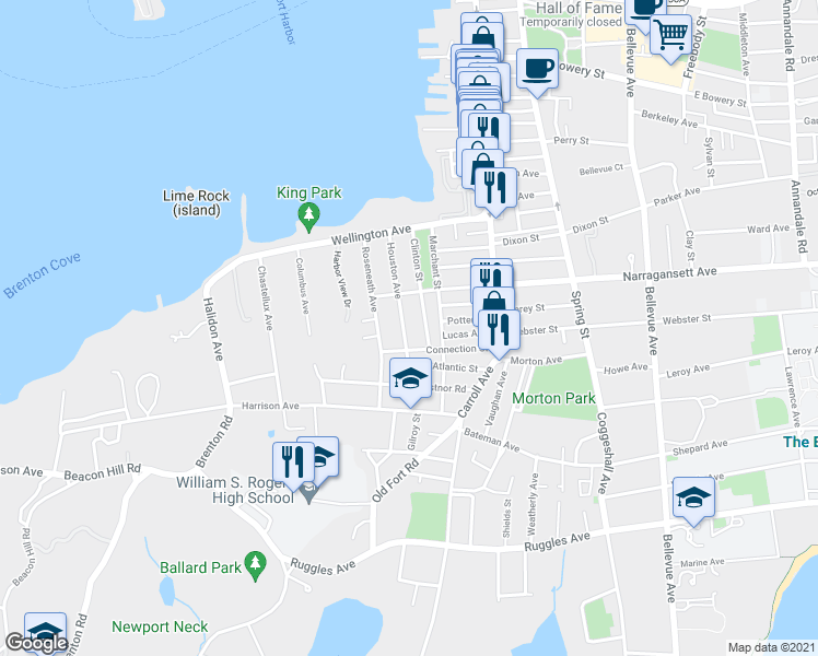 map of restaurants, bars, coffee shops, grocery stores, and more near 76 Houston Avenue in Newport