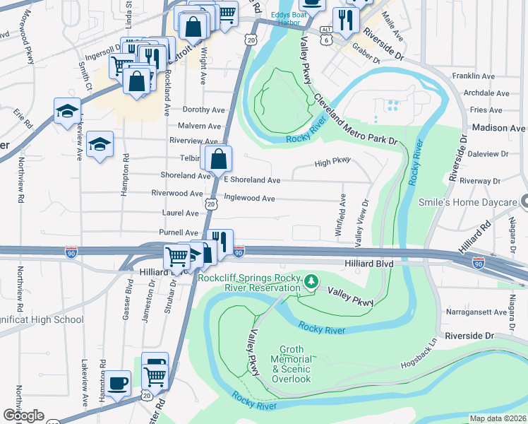 map of restaurants, bars, coffee shops, grocery stores, and more near 18984 Colahan Dr in Rocky River