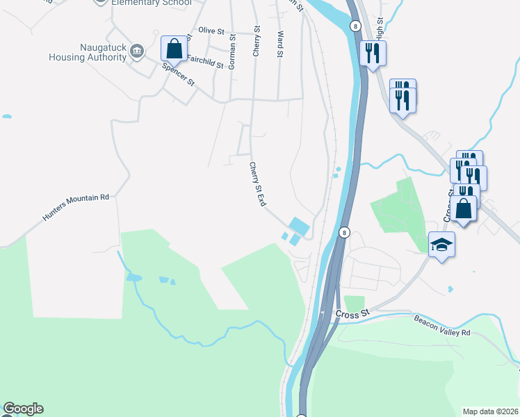map of restaurants, bars, coffee shops, grocery stores, and more near 489 Cherry Street in Naugatuck