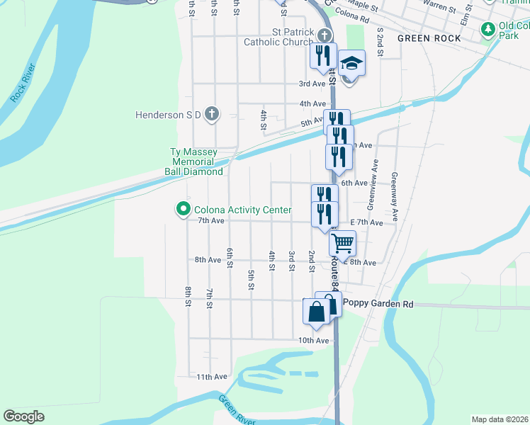 map of restaurants, bars, coffee shops, grocery stores, and more near 620 4th Street in Colona