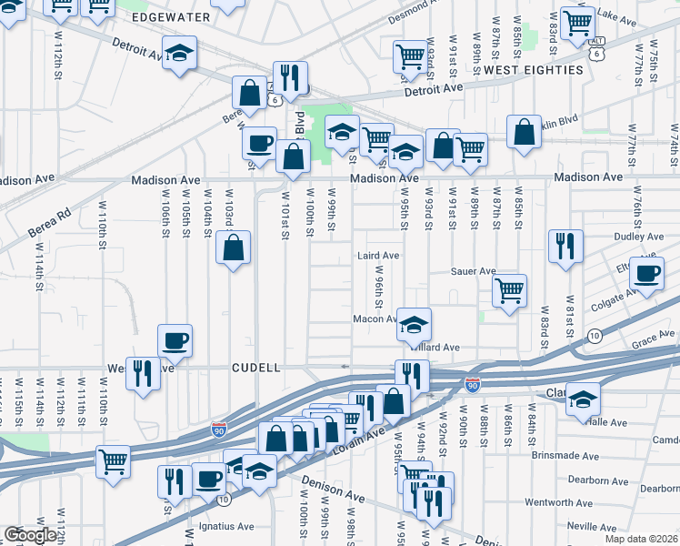 map of restaurants, bars, coffee shops, grocery stores, and more near 9811 Cudell Avenue in Cleveland