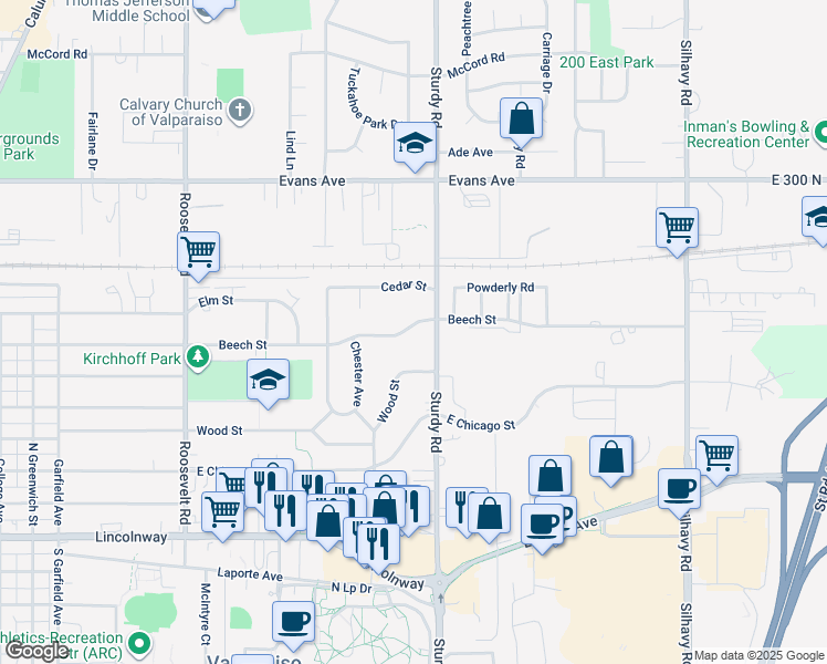 map of restaurants, bars, coffee shops, grocery stores, and more near 1906 Beech Street in Valparaiso