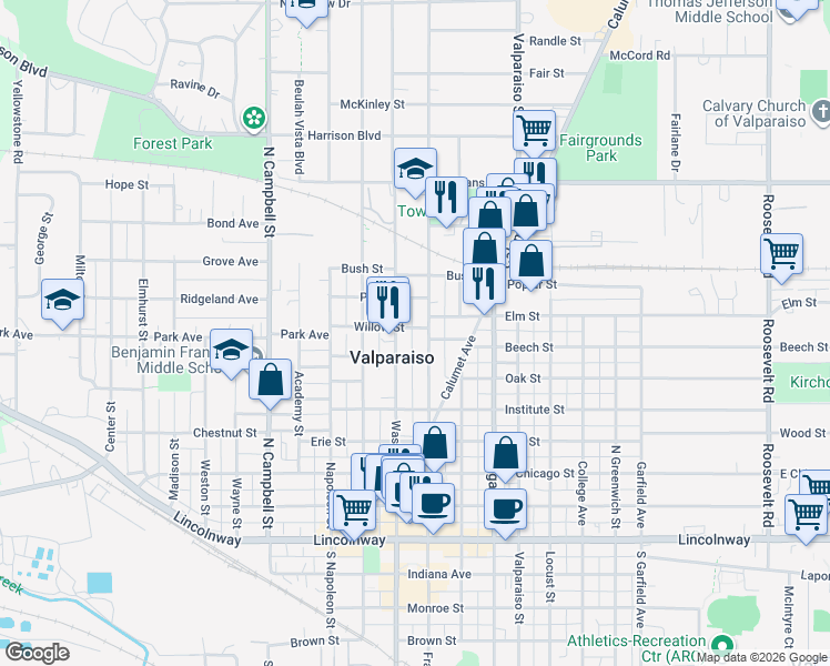 map of restaurants, bars, coffee shops, grocery stores, and more near 603 Franklin Street in Valparaiso