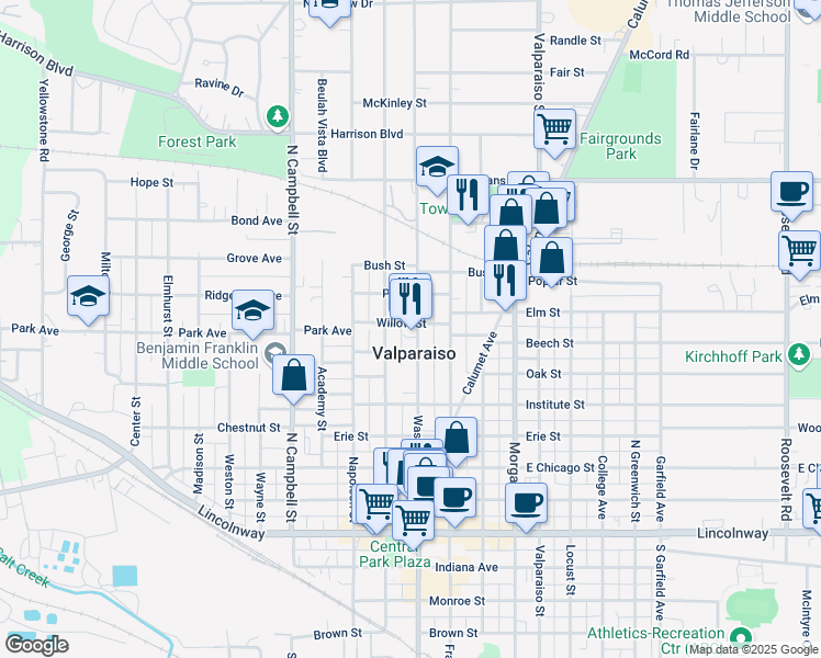 map of restaurants, bars, coffee shops, grocery stores, and more near 607 Washington Street in Valparaiso