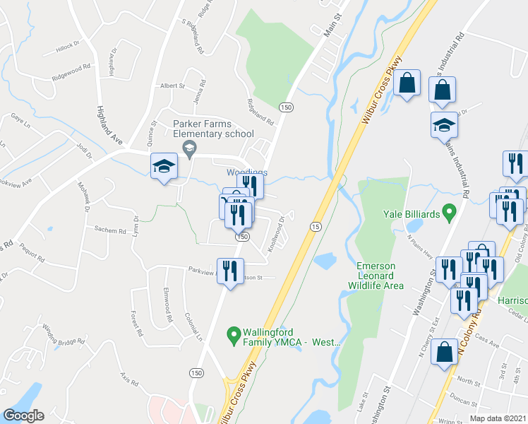 map of restaurants, bars, coffee shops, grocery stores, and more near 86 North Turnpike Road in Wallingford