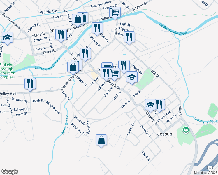 map of restaurants, bars, coffee shops, grocery stores, and more near 407 2nd Avenue in Jessup